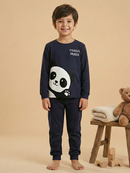 MALKIAT - Boys Cotton Navy Blue Panda Hugs Graphic T-shirt and Joggers