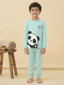 MALKIAT - Boys Cotton Sea Green Panda Hugs Graphic T-shirt and Joggers