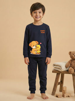 MALKIAT - Boys Cotton Navy Blue Best Friends Cuddle Graphic T-shirt and Joggers