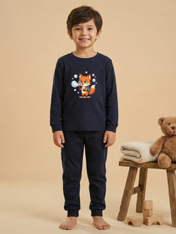MALKIAT - Boys Cotton Navy Blue Bubble Fox Graphic T-shirt and Joggers