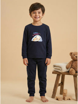 MALKIAT - Boys Cotton Navy Blue Cuddle Buddies Graphic T-shirt and Joggers