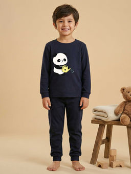 MALKIAT - Boys Cotton Navy Blue Kind Days Panda Graphic T-shirt and Joggers