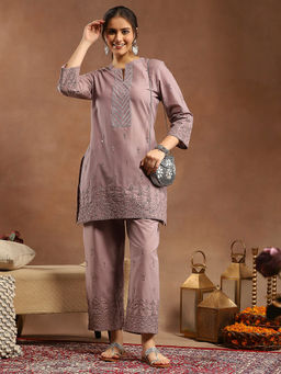 Nayam by lakshita - Lavender Embroidered Straight Kurta with Pant and Dupatta (Set of 3)