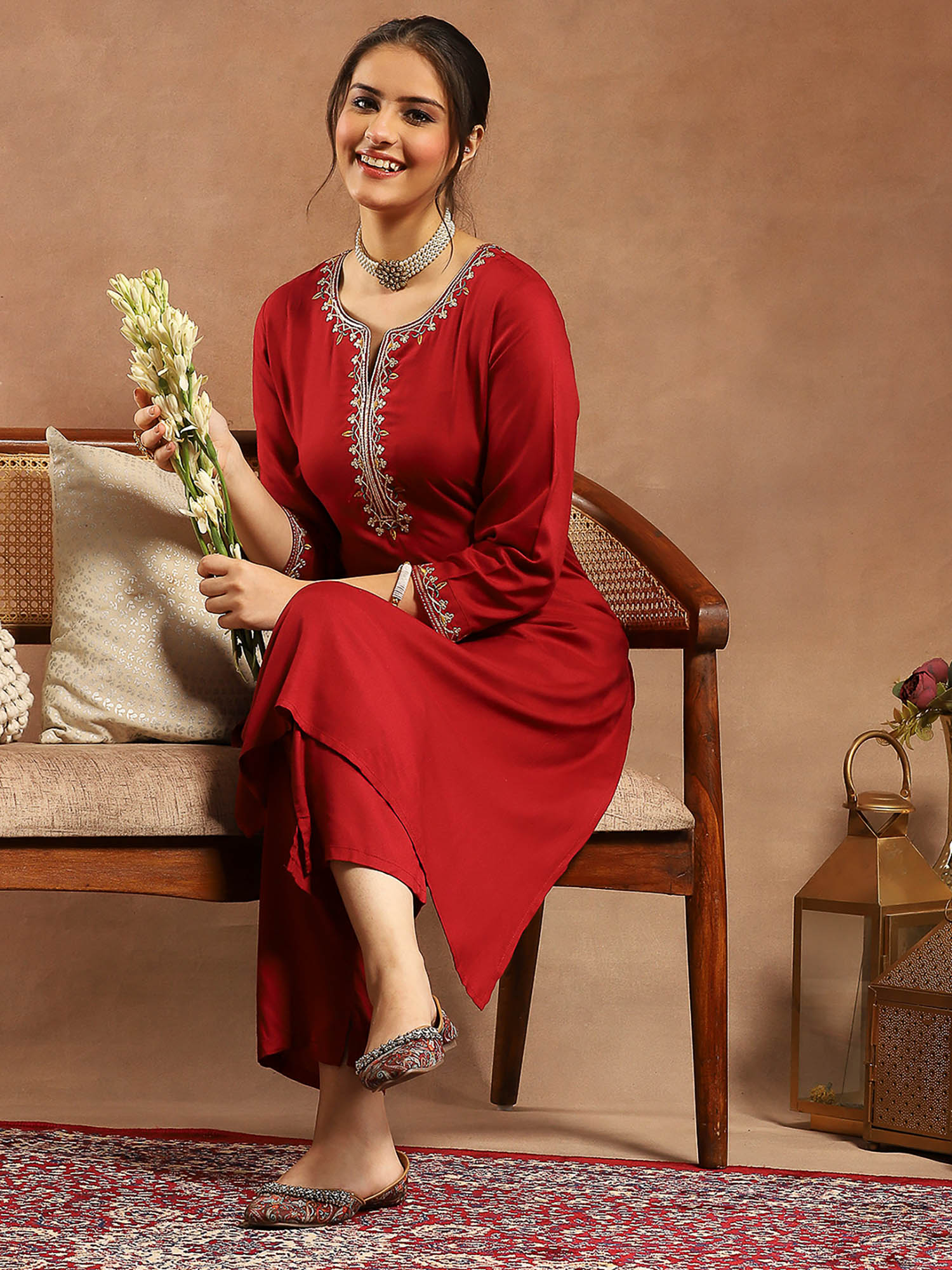 Red Solid Embroidered Kurta with Pant and Dupatta (Set of 3)-picture-41