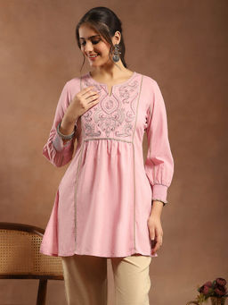 Nayam by lakshita - Ethnic Motifs Embroidered Thread Work Cotton Linen Pink Kurti