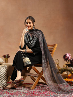 Nayam by lakshita - Black Embroidered Straight Rayon Kurta & Pant with Dupatta (Set of 3)