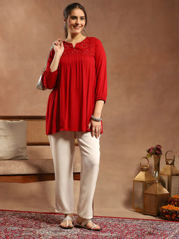 Nayam by lakshita - Red Embroidered Above Knee A-Line Kurti