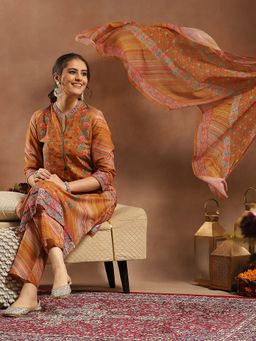 Nayam by lakshita - Mustard Floral Printed Straight Silk Kurta with Pant and Dupatta (Set of 3)