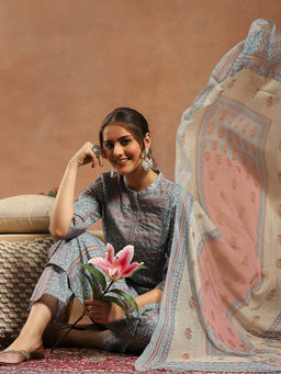 Nayam by lakshita - Blue Tribal Printed Straight Silk Kurta with Pant and Dupatta (Set of 3)