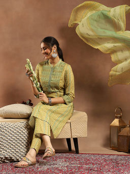 Nayam by lakshita - Yellow Tribal Printed Straight Silk Kurta with Pant and Dupatta (Set of 3)