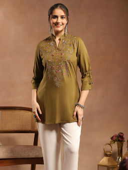 Nayam by lakshita - Olive Floral Embroidered Cotton Kurti