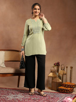 Nayam by lakshita - Viscose Rayon Green Lace Detailing and Bishop Sleeves Kurti