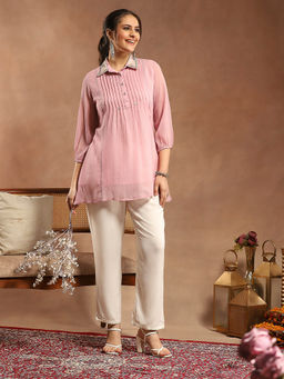 Nayam by lakshita - Poly Chiffon Pink Mirror-Embroidered Collar Tunic