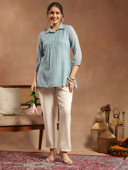 Nayam by lakshita - Poly Chiffon Blue Mirror-Embroidered Collar Tunic