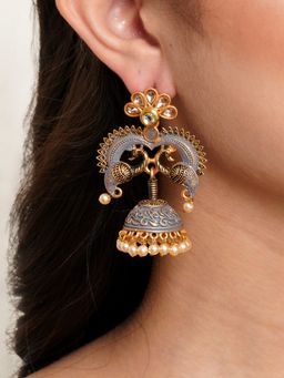 Karatcart - Antique Gold Plated Grey Designer Peacock Jhumki Earrings for Women