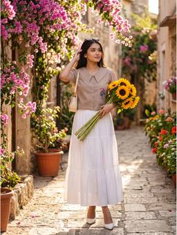 Vastara TheLabel - Beige Handloom Organic Cotton Floral Embroidery Crop Top