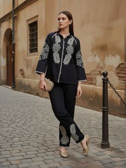 ZUMMER - Women Black Floral Embroidered Shirt with Pant