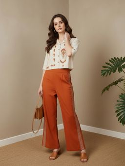 ZUMMER - Women Off White Embroidered Half Sleeves Shirt with Pant