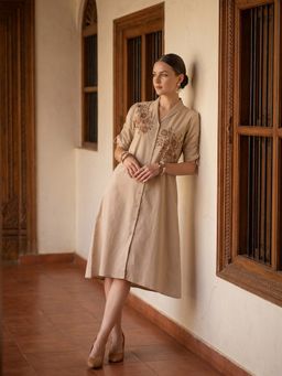 ZUMMER - Women Beige Embroidered Dress