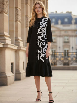 ZUMMER - Women Rayon Black Applique Work A-Line Midi Dress