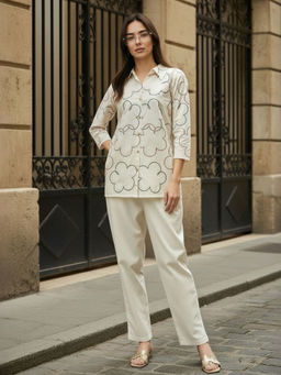 ZUMMER - Women Cream Cotton Embroidered Shirt with Pant