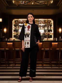 ZUMMER - Women Black Cotton Hand Painted Shirt with Pant
