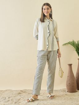ZUMMER - Women Off White Cotton Embroidered Shirt with Pant