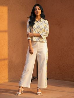 ZUMMER - Women White Cotton Floral Shirt with Pant