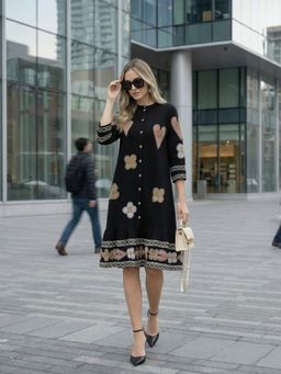 ZUMMER - Women Cotton Black Geometric Embroidered Knee Length Dress