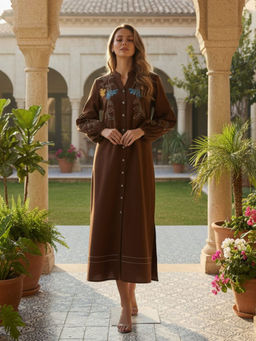 ZUMMER - Women Brown Embroidered Midi Dress