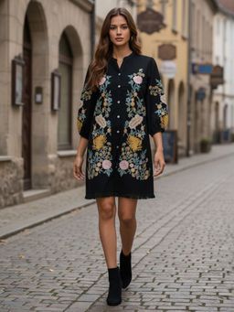 ZUMMER - Women Black Rayon Floral Embroidered Short Dress