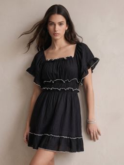 Outzidr - Women Black Short Sleeve Tiered Dress