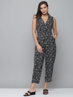 SHOWOFF - Womens V-neck Black Sleeveless Printed Basic Jumpsuit