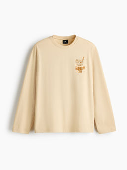 H&M - Men Beige Regular Fit Printed Long-Sleeved Cotton T-Shirt