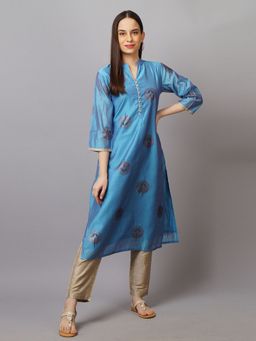 Shree - Women Chanderi Blue Ornamental Printed Kurta With Trouser (Set Of 2)