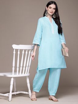 Readiprint - Straight Style Linen Fabric Blue Color Kurta and Salwar (Set of 2)