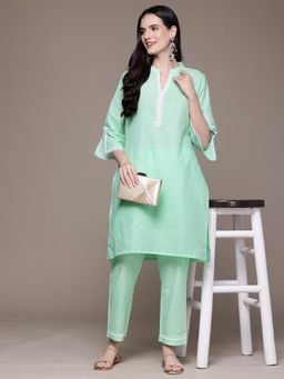 Readiprint - Straight Style Linen Fabric Green Kurta and Pant (Set of 2)