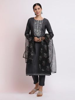 Jaipur Kurti - Grey Poly Silk Embroidered Kurta with Pant and Organza Dupatta (Set of 3)