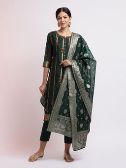 Jaipur Kurti - Green Woven Chanderi Silk Kurta with Pant and Jacquard Dupatta (Set of 3)