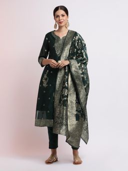 Jaipur Kurti - Green Woven Design Jacquard Kurta with Pant and Dupatta (Set of 3)