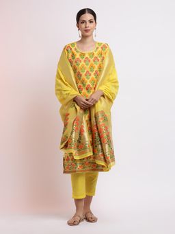 Jaipur Kurti - Yellow Woven Design Jacquard Kurta with Pant and Dupatta (Set of 3)