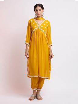 Jaipur Kurti - Yellow Embroidered Georgette Kurta with Salwar and Dupatta (Set of 3)