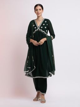 Jaipur Kurti - Green Embroidered Georgette Kurta with Salwar and Dupatta (Set of 3)
