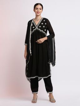 Jaipur Kurti - Black Embroidered Georgette Kurta with Salwar and Dupatta (Set of 3)