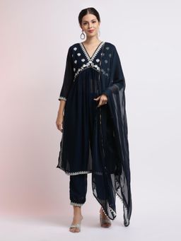 Jaipur Kurti - Navy Blue Embroidered Georgette Kurta with Salwar and Dupatta (Set of 3)
