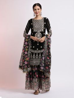 Jaipur Kurti - Black Zari Embroidered Kurta with Floral Sharara and Dupatta (Set of 3)