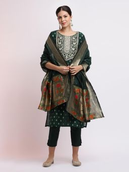 Jaipur Kurti - Green Embroidered Jacquard Kurta with Pant and Dupatta (Set of 3)