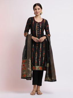 Jaipur Kurti - Black Floral Woven Jacquard Kurta with Pant and Dupatta (Set of 3)