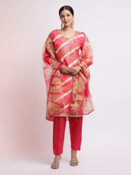 Jaipur Kurti - Pink Gota Pati Leheriya Kurta with Pant and Dupatta (Set of 3)