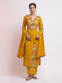 Jaipur Kurti - Yellow Thread Embroidered Georgette Kurta with Palazzo and Dupatta (Set of 3)